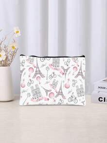 1pc Cartoon Romantic Paris Eiffel Tower Pattern Makeup Bag, Charger Storage, Gift For Friends - Multicolor - View 3