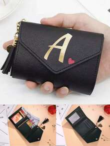 1pc Women's Folding Short Wallet, Black PU Leather Material, Printed With A-Z Letters And Pink Hearts, Cute Girl Coin Purse, Fashion Ladies Card Holder, Mini Tassel Wallet, Waterproof And Portable, Large Capacity, Can Hold Credit Cards, ID, Cash, Etc. - Black - View 6