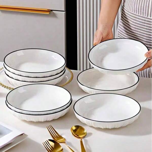 4pcs Ceramic Plates, New Household Round Deep Dish, Minimalist 7-Inch 8-Inch Plate, Salad Plate, Dessert Plate, Home Dorm Kitchen Dining, Tableware Accessories, Kitchen Supplies