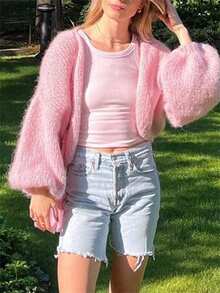 Women's Fuzzy Knit Sweater Long Lantern Sleeve Open Front Solid Color Cardigan Fall Coat - Bright Pink - View 2
