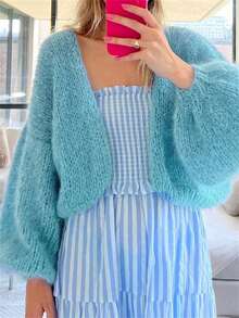 Women's Fuzzy Knit Sweater Long Lantern Sleeve Open Front Solid Color Cardigan Fall Coat - Blue - View 1
