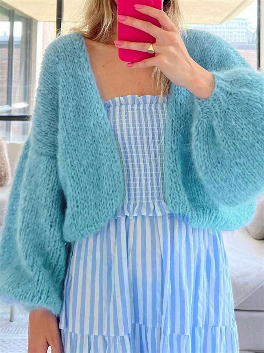 Women's Fuzzy Knit Sweater Long Lantern Sleeve Open Front Solid Color Cardigan Fall Coat - Blue - View 1