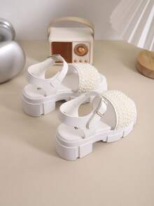 1双女童户外凉鞋，新款夏季圆头拼接设计，亮面加厚防滑耐磨鞋底，时尚儿童罗马凉鞋 - 米色 - 查看 5