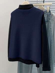 Women's Navy Knit Waistcoat - French Chic Button Front Vest With Pocket, Soft Stretch For Layering