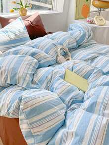 2/3件套浅蓝色条纹学生风超柔软纯色哑光被套枕套套装，床上用品，柔软亲肤被套，不含被芯，适用于双人床、大号床、特大号床，四季皆宜，涤纶材质，家居装饰礼品，可机洗，清新简约学生风被套，适用于双人床、大号床、特大号床、加州特大号床 - 藍白色 - 查看 4