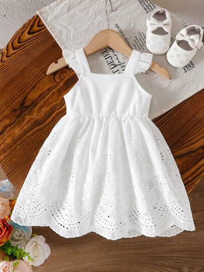 Embroidered Patchwork Sleeveless Baby Girls' Dress, Resort Style For Outings, Parties In Spring & Summer