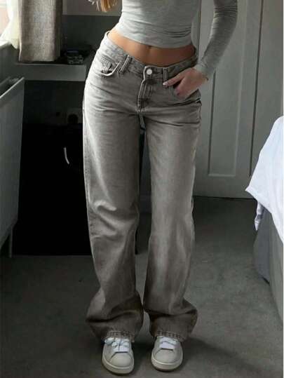 Jeans de pierna recta de mezclilla gris para adolescentes