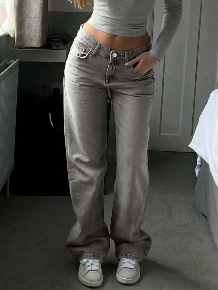 Raka grå denimjeans för tonåringar - Ljusgrå - Visa 1