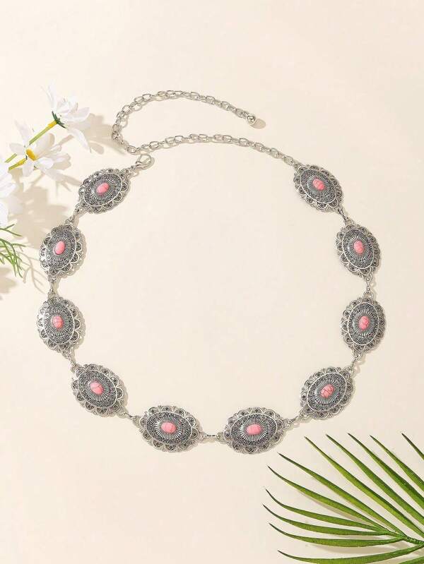 1pc Vintage Oval Floral Retro Pattern Faux Silver Waist Chain, Versatile Metal Waist Belt For Dresses & Pants