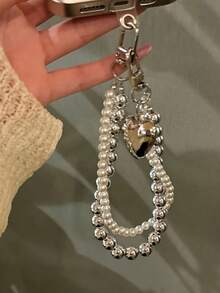 1-2pcs Minimalist Pearl Double Chain Heart Shaped Short Phone Lanyard, Versatile Anti-Lost Phone Charm - Silver - View 5