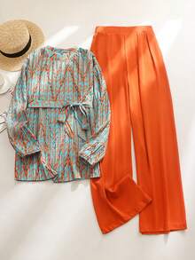 [Xuân/Hè] Bộ áo cánh tay bồng xếp ly thanh lịch và quần ống rộng cạp cao in họa tiết, trang phục 2 món hình học màu khối cổ điển - cam xanh - Xem 2