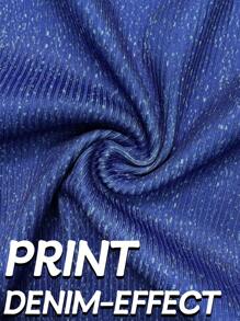 Leggings ajustados de alta elasticidad para mujer talla grande, patrón de estampado denim, suéter de punto cómodo y casual