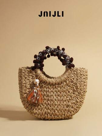 JNIJLI 1 件波西米亚度假风格流苏草编马鞍篮包，手提包，法式复古编织包，适合日常通勤、时尚商务休闲、旅行度假、海滩婚礼、野餐、节日、海滩，是送给女性、母亲、教师、朋友、伴娘的最佳礼物，配有流苏吊饰