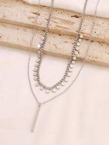 女士不锈钢圆形流苏项链，颈链饰品 - #X0357 銀色 - 查看 3