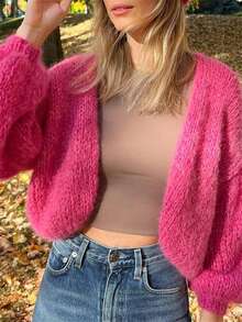 Women's Fuzzy Knit Sweater Long Lantern Sleeve Open Front Solid Color Cardigan Fall Coat - Hot Pink - View 4