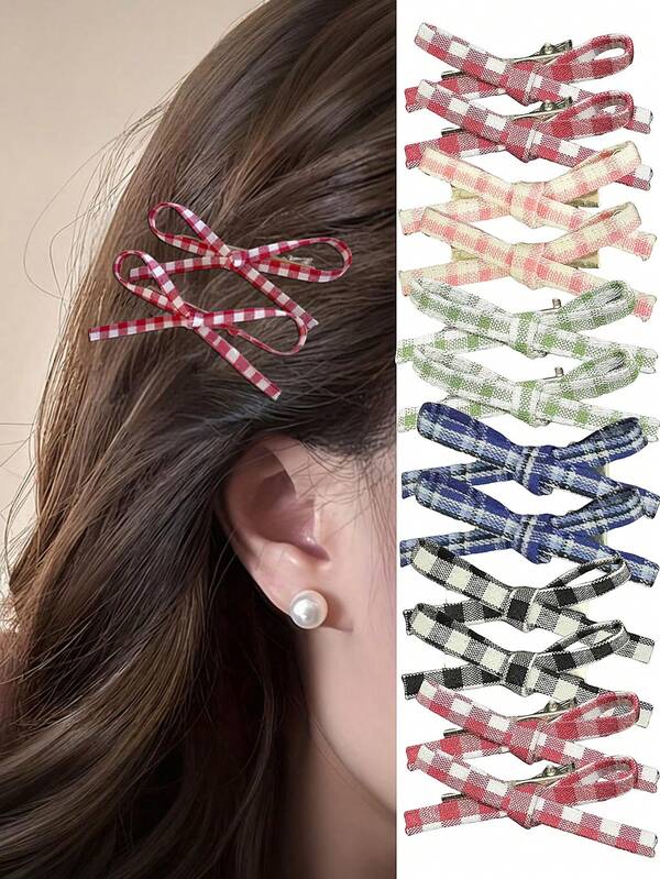 10个/套格子蝴蝶结发夹，波点格子蝴蝶结发夹，为您的发型注入经典魅力——适合女孩和女士，适合野餐、校园日常，或为您的造型增添复古气息。颜色随机，返校必备，助您成为永恒的时尚偶像，女士冬季穿搭，蝴蝶结，可爱，发饰，头饰，发夹