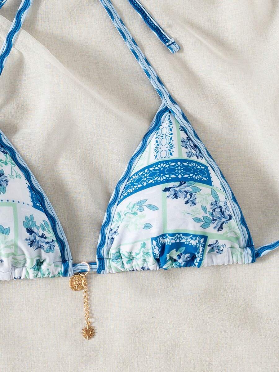 Damskie letnie wakacje, plażowy, kwiatowy wzór, seksowny top bikini typu halter - Wielokolorowe - Zobacz 1