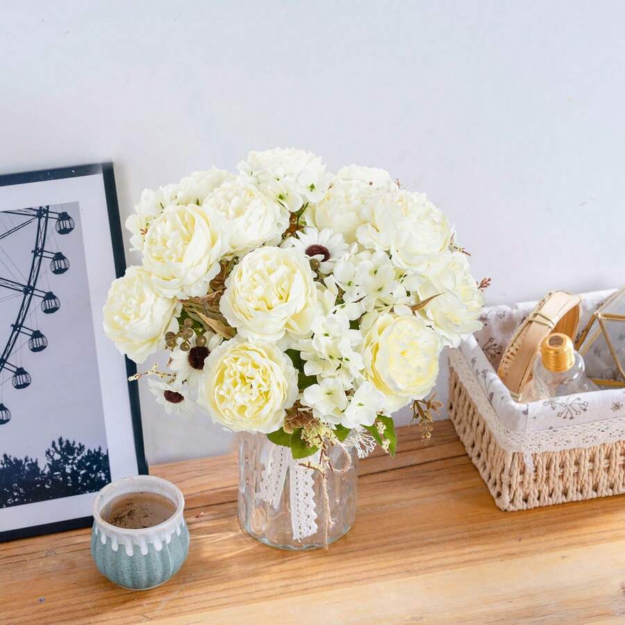 1pc/3pcs 12inch Romantic Silk Peony& Hydrangea Bouquet Artificial Flowers Centerpieces,Plastic Flowers Handheld Flower Arrangement For Wedding/Home/Bedroom/Living Room/Table Decoration/Bride's Bouquet/Wedding Decorations/Fall Decor ﻿ - White - View 1