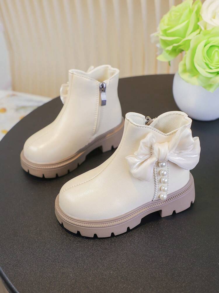 1 Pair Children's Boots, Ivory Leather Upper + 3D Satin Bow Decor With Pearl Accents, Soft Leather Conforms To Foot Shape, Comfortable For Walking, Running & Jumping, Side Zipper Design For Easy On/Off, Thick Sole Provides Support And Stylish Look - Beige - View 8