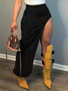 Women's Tight And Sexy Denim Skirt With Asymmetrical Slit And Pockets, Elastic Wrap Around The Hips, Tight And Fashionable Versatile Women's Denim Skirt - 黑色 - 查看 6