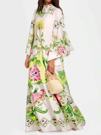 Mittlerer Osten Ramadan Robe Langarm Loose Bedrucktes Kleid