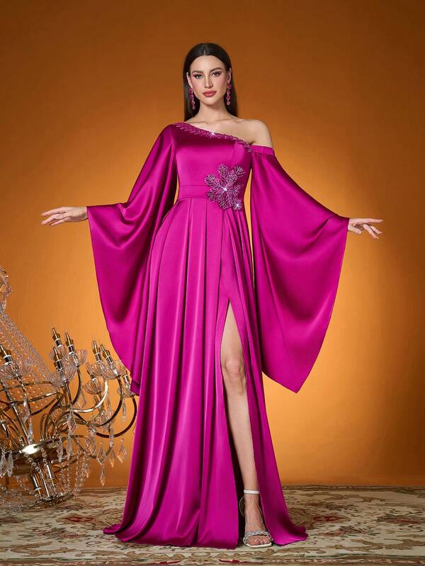 Elegante, Nova Chegada, Um Ombro, Elegante, Vestido de Baile, Floral 3D, Fenda Alta, Manga Babada, Cetim, Vestido Longo, PARA, Baile de Formatura, Casamento, Vestido de Festa, Vestido de Convidada de Casamento, Vestido de Noite