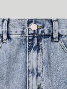 Y2K 女童休闲牛仔裤，复古水洗宽松直筒裤，松紧腰带，返校街头风，蝴蝶刺绣 - 藍白色 - 查看 7