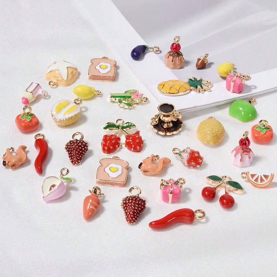 2 piezas/15 piezas/24 piezas Lindos dijes de aleación de zinc esmaltados con diseños 3D realistas de comida, animales, frutas, pasteles, sandía, corazón, cereza, chile, ideales para manualidades y elaboración de joyería