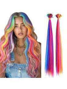 彩虹合成彩色 I-Tip 羽毛隐形接发 50 股头发，50 个接发环，1 个钩针/包合成染发剂彩虹假发彩色 Kanekalon I-Tip 角蛋白融合接发发束，适合女性和儿童 - 礼物、角色扮演、派对、万圣节和圣诞节亮点