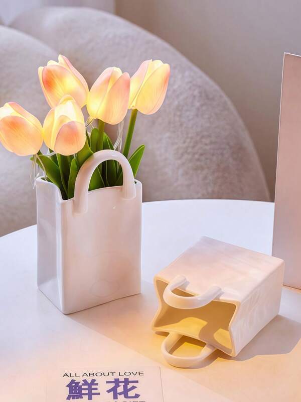 Pleated Tote Bag Shaped Ceramic Vase, Large Capacity For Flower Arrangement, Bookshelf Decoration, Suitable For Home Decoration, Bedroom Decoration, Office And Students, Best Valentine's Day And Christmas Gift (White)