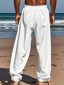 Men's Casual Straight Leg Pants, Lightweight Fabric, Elastic Drawstring Waist, Regular Fit, Fall - White - View 4