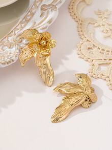 一对休闲优雅简约几何花卉耳钉 - 金黃色 - 查看 3