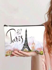 1pc Cartoon Romantic Paris Eiffel Tower Pattern Makeup Bag, Charger Storage, Gift For Friends - Multicolor - View 9