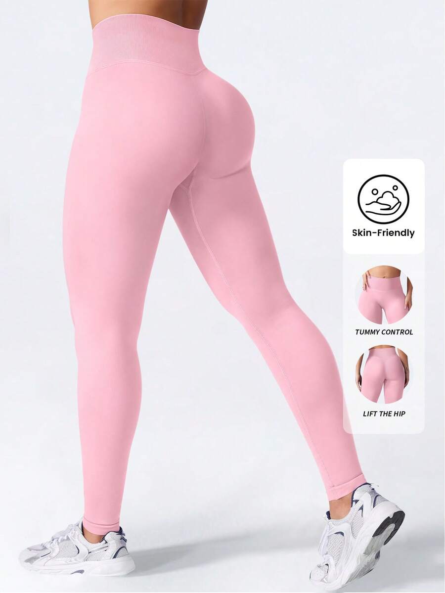 Yefecy Colanți de antrenament pentru femei, fără sudură, cu talie înaltă, solizi, pantaloni de yoga - Roz - Vizualizare 1