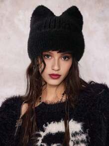 Gestrickte Mütze für Damen mit niedlichen Katzenohren, warmer Beanie, dehnbare Strickkomposition, lässige Outdoor-Mode, einfarbig, Polyester, Herbst/Winter