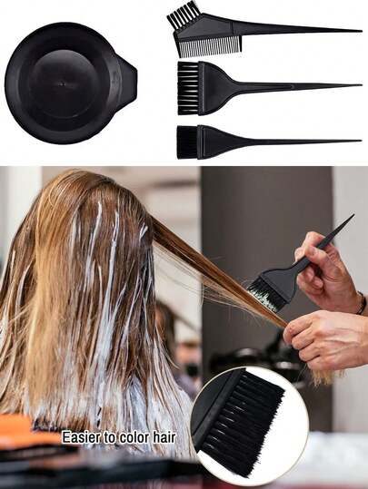 4pcs Black Hair Dye Kit, Includes Dye Brush And Dye Bowl, Salon-Grade DIY Hair Coloring Tool Set, Essential For Back To School, Travel & Vacation, Women Hair Accessories