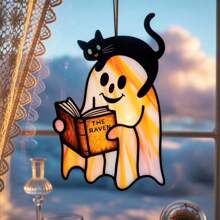 1PC Cute Reading Ghost And Black Cat Acrylic Ornament, Halloween Stained Acrylic , Cute Spooky Ghost, Black Cat Window Hanging, Fall Bookish Decor - A - View 2