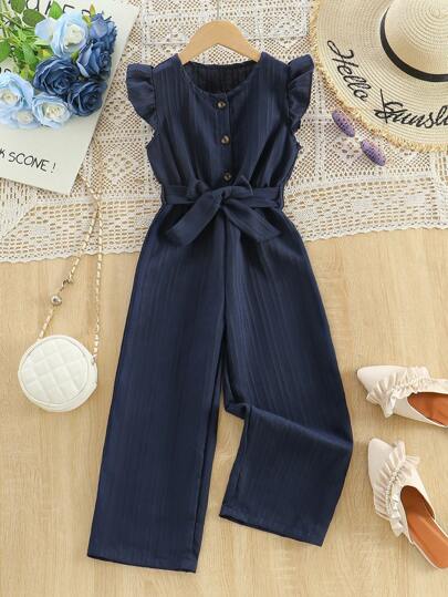 Girls Jumpsuit With Cap Sleeves, 2025 Fashionable New Simple Casual Solid Color Wide Leg Jumpsuit With Belt, Summer