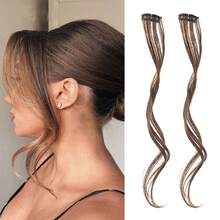 2PCS Synthetic Long Natural False Fringe Bangs Clip In On Front Side Fringe Hair Extension Middle Part Fake Fringe For Women