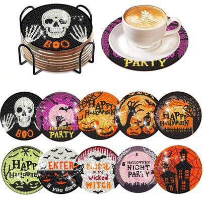 10pcs Diamond Painting Coaster Set With Stand, Halloween Pattern Series Diamond Art Kits For Adults, Horror Diamond Painting, DIY Diamond Painting Kits For Adult Beginners, Ideal Gift For Friends And Family On Halloween, Christmas, Valentine's Day, 5D Diamond Art Kits