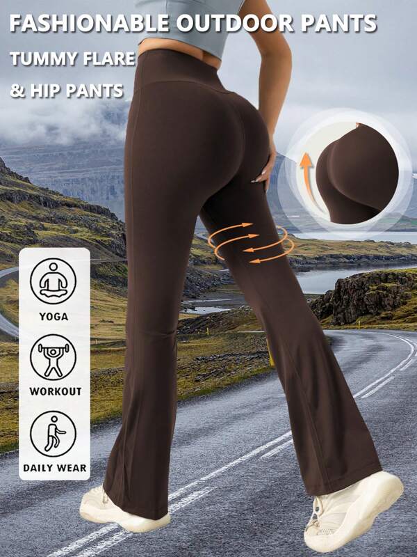 1pc Seamless Design Low Impact High Elasticity Lift Buttocks Shaping Summer Style Sports Yoga Pants High Waist Tummy Tuck Design Solid Color Fashion Simple Sports Flare Pants Outdoor Fitness Running Workout Cycling Boxer Stretch Pants Lightweight Soft Fast Drying Breathable Sweat Gym Sweat Pants