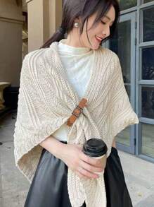 1 件女士保暖针织围巾，带流苏饰边和纽扣，披肩，米色，配饰，女士