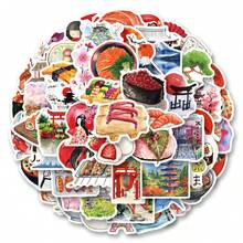 64 件/包可爱水彩日本旅行复古浪漫怀旧神秘美学涂鸦贴纸，可爱卡通趣味动漫美学标签贴纸适用于乐器装饰剪贴簿自粘文具卡片信封节日礼物青少年派对用品奖励激励，适用于学校用品，返校