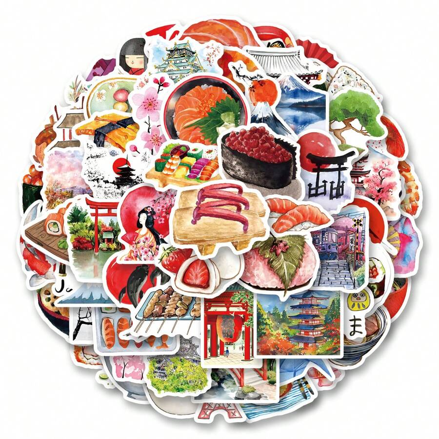 64 件/包可爱水彩日本旅行复古浪漫怀旧神秘美学涂鸦贴纸，可爱卡通趣味动漫美学标签贴纸适用于乐器装饰剪贴簿自粘文具卡片信封节日礼物青少年派对用品奖励激励，适用于学校用品，返校