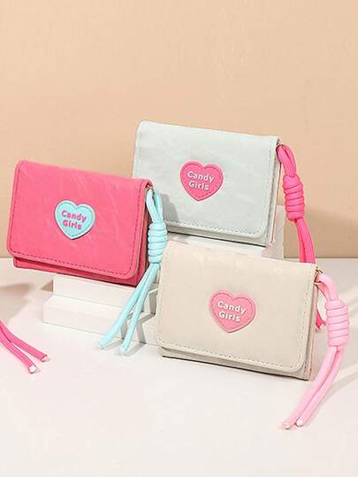 优质心形糖果钱包，简约背带钱包，女孩短款三折钱包，礼物之选，多功能便携式零钱包