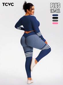 TCVC Plus Size Women's Seamless Fashion Striped Contrast Color Sports Set, Long Sleeve + Long Pants Set, High Elasticity High Waist Slimming Peach Hip, Skin-Friendly Breathable Sweat-Wicking, Yoga Fitness Travel Versatile Fashion Set