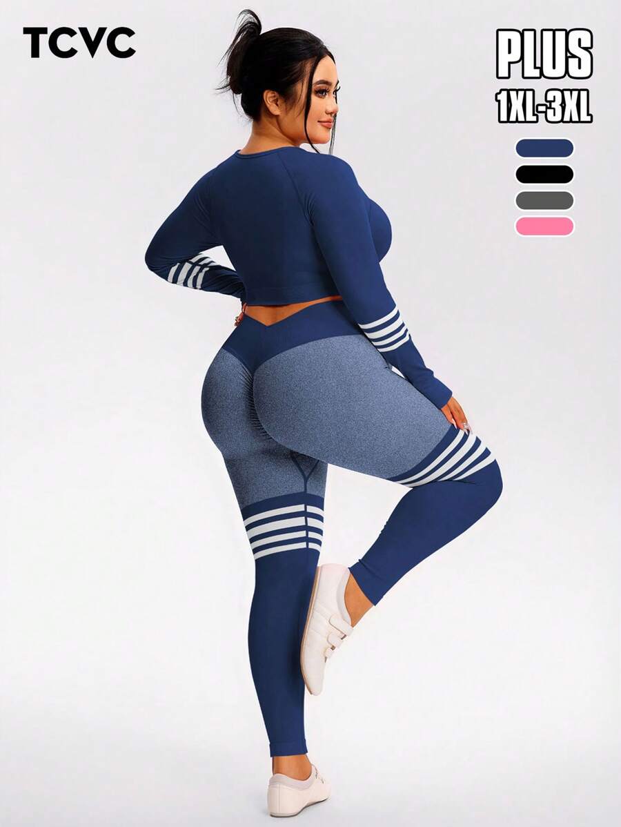 TCVC Plus Size Women's Seamless Fashion Striped Contrast Color Sports Set, Long Sleeve + Long Pants Set, High Elasticity High Waist Slimming Peach Hip, Skin-Friendly Breathable Sweat-Wicking, Yoga Fitness Travel Versatile Fashion Set
