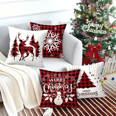 4pcs/280pcs Christmas Theme Pillow Covers, Black & Red Plaid, Snowman & Snowflake Pattern, 45x45cm Pillow Covers For Christmas Living Room Bedroom Sofa Decor, Christmas Party Gathering Decoration, Christmas Party Restaurant Decor, Party Atmosphere Decoration Supplies, Pillow Inserts Not Included, Suitable For Daily, Holiday, Party, Birthday, Wedding, Dinner, Kitchen & Dining Room Home Textile Decor