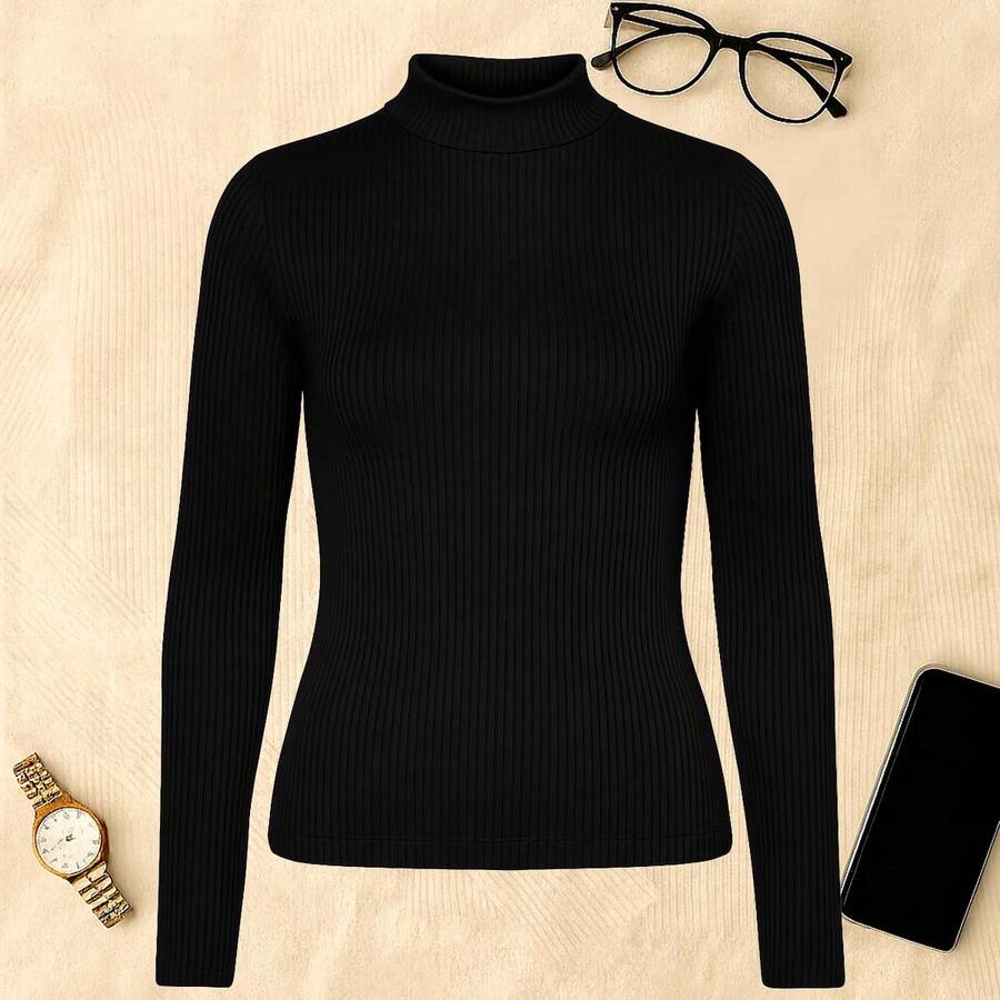 Women's Blouse With High Round Neck And Long Sleeves Cacharrel Style Basic Solid Color Casual Or Office Wear Autumn Winter Fashion