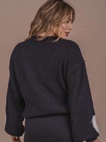 Heart Blouse With Fur Knit Wool Fang Puff Sleeve Women's Oversize Winter Cold Laffy Knit - 黑白 - 查看 2
